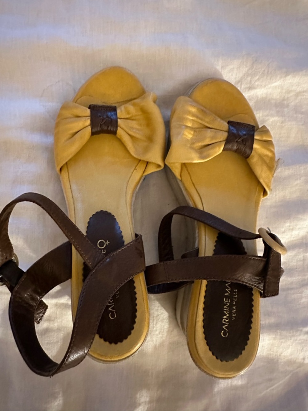 Leather Yellow Bow Sandals with Brown Ankle Straps